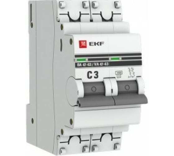 EKF Автоматический выключатель 2P 3А (C) 4,5kA ВА 47-63 EKF PROxima  (mcb4763-2-03C-pro)